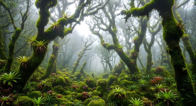 Enchanting misty ancient forest with mossy trees and lush bromeliads