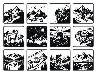 Mountain Adventure Icons: Hiking, Camping, Skiing, Biking, and More © triyanto