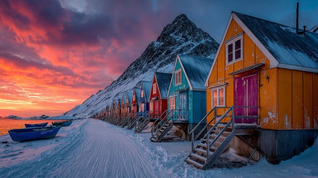 Winter serenity: colorful houses amidst greenland's fjords. Artistic distortion. Diverse hues of inuit houses adorn the snow at nuuk fjord, greenland. Avant-garde shots. Oddly captivating.