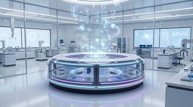 Futuristic laboratory sci fi technology advanced automation machine operation in a clean high tech setting