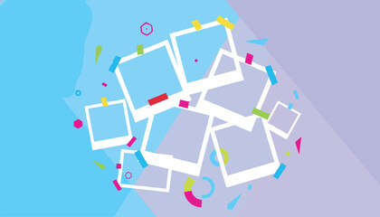 Naklejka premium Collection of scattered empty instant photo frames over a vibrant blue and purple diagonal geometric background.
