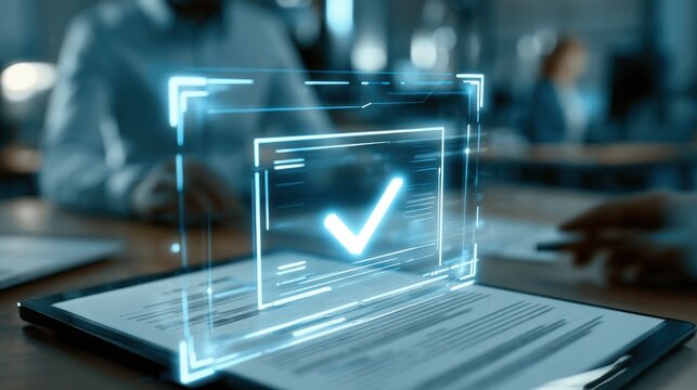 Digital checkmark on contract in office