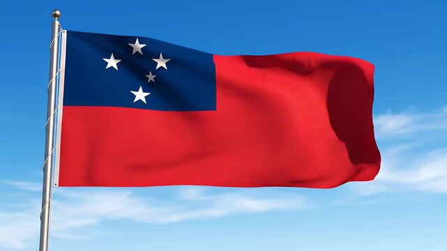 Waving Samoa flag against a clear blue sky, national symbol, patriotism, travel destination concept