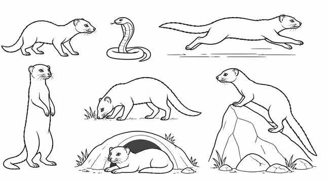 Mongoose Set Poses, Cartoon Line Art Illustration