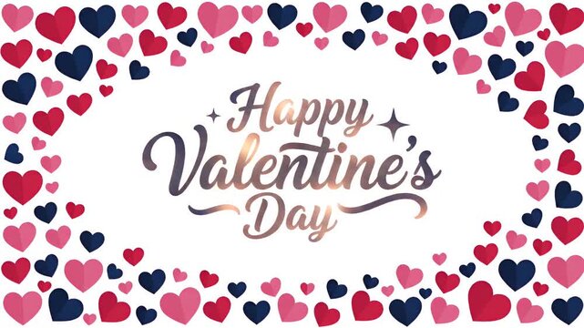 Happy Valentine's Day text surrounded by pixelated hearts in pink, red, and blue, motion graphic