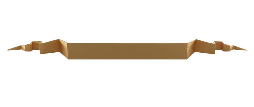 3D render blank golden folded ribbon isolated on transparent background, empty gold origami scroll banner for premium title frame.