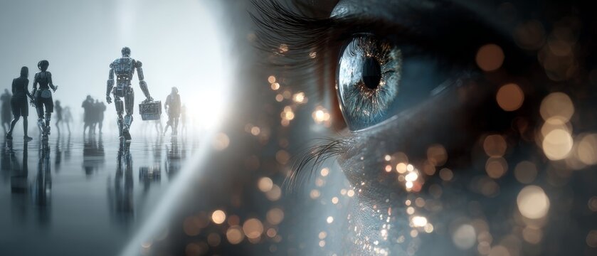 The rise of automation: a glimpse into future employment challenges. Analytics dashboard. Technological advances: a robot effortlessly carries a box, humans observe. Market forecast.
