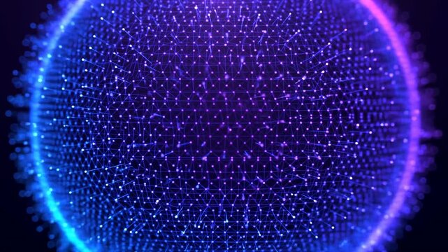 Illuminated hemispherical dot matrix with cyan blue and magenta rim lighting, dense glowing nodes, fine connecting filaments, deep central negative space, abstract futuristic scene