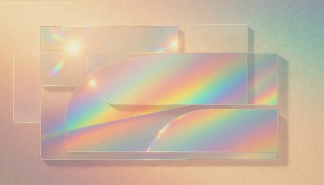 Transparent glass rectangles overlap softly, refracting warm sunlight into vivid rainbow spectrum against pastel gradient backdrop.
