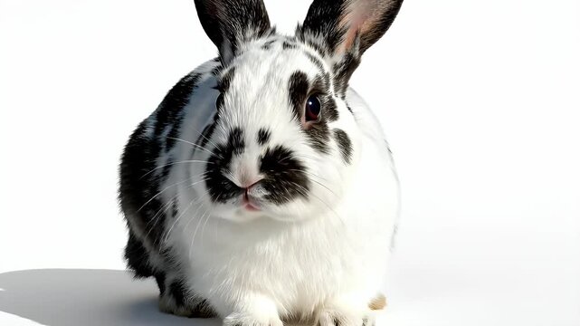 Cute spotted rabbit sitting on a clean white surface, soft lighting, natural pet portrait, gentle animal.