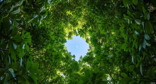 Looking up through a lush green forest canopy to the bright blue sky