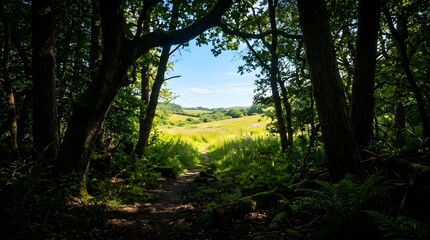 Fototapeta premium Sunlit meadow seen through a dark forest clearing