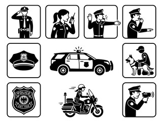 Police Officer Icons: Patrol Car, Motorcycle, K9 Unit, Hat, Badge, and Officers © triyanto
