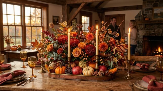Cozy autumn table setting with floral centerpiece and warm fireplace glow