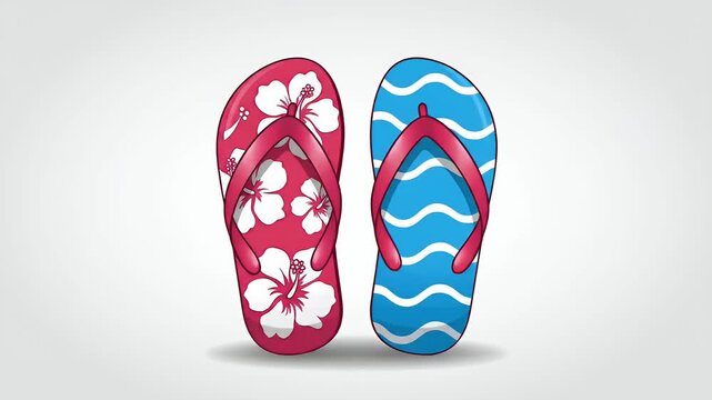Two pairs of colorful flip-flops, one with a floral pattern, the other with waves, isolated on a light gray background, representing summer footwear and beach vacation.