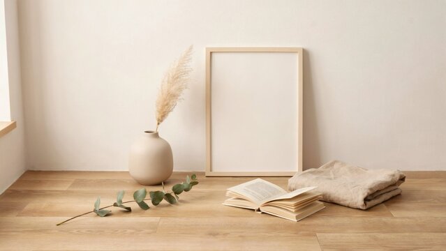 A serene still life setup with a vase, frame, books, and towels on a wooden table indoors.