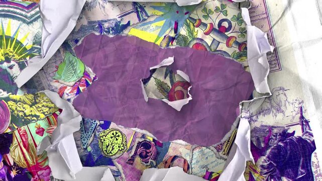 A vibrant paper vintage ephemera print style background that continually animates into place from torn paper pieces.
