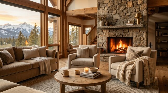 Cozy mountain lodge living room with roaring fireplace and scenic mountain view