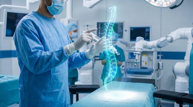Medical imaging spinal treatment procedure showing detailed human vertebrae anatomy in a hospital setting
