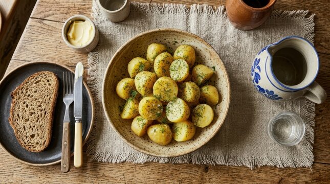 Simple meal of boiled potatoes with dill and buttered rye bread