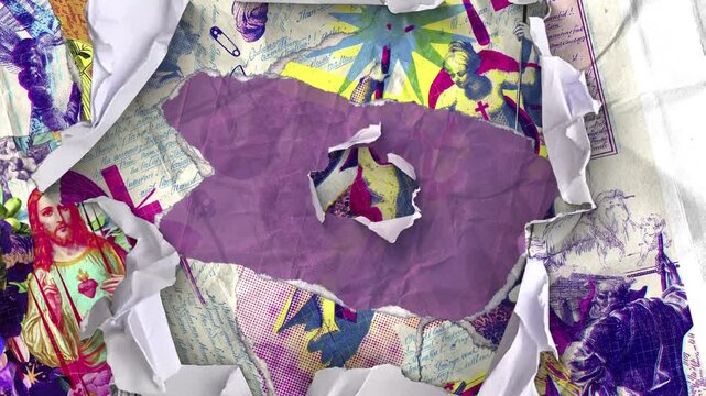 A vibrant paper vintage ephemera print style background that continually animates into place from torn paper pieces.
