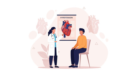 Fototapeta premium Doctor consulting patient about hypertension and heart health, with anatomical heart diagram on display