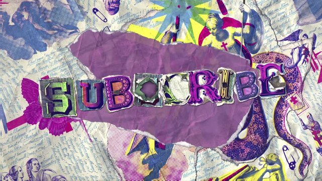 A vibrant paper vintage ephemera print style background and subscribe caption that continually animates into place from torn paper pieces.
