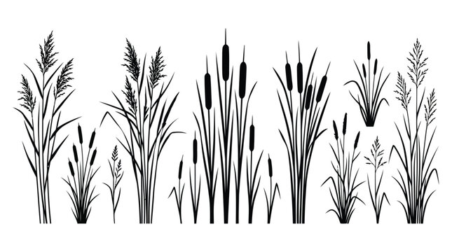 Black silhouettes of various cattail plants and reeds
