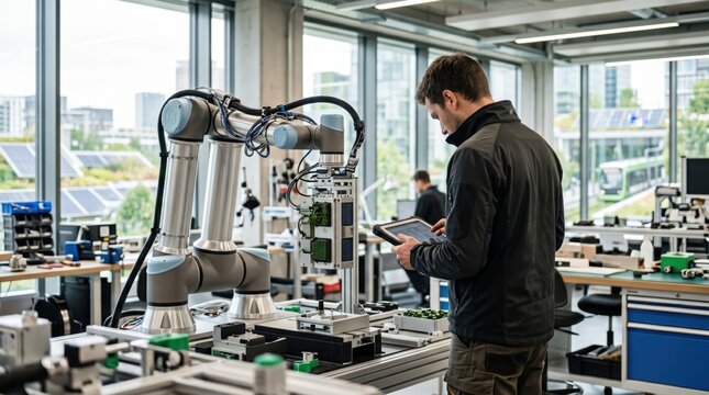 Technician programming collaborative robot in high tech workshop, cobot assembling electronic components on conveyor belt, solar panels visible through window, advanced manufact...