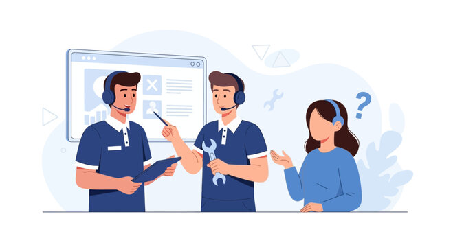 Customer Support Team Discussing Technical Issue with Client, Vector Illustration