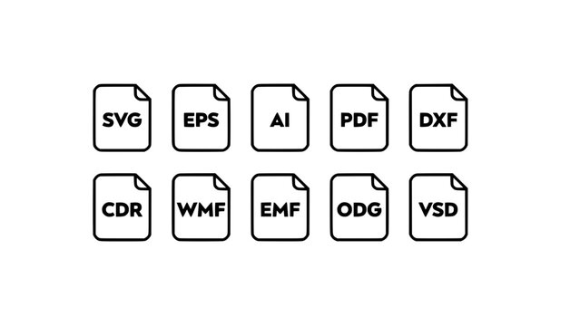 File Icons Representing Various Vector File Formats Arranged in Two Rows Featuring Svg, Eps, Ai with Pdf and Dxf Elements for Cdr, Wmf Projects