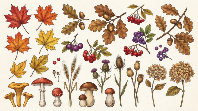 Autumn botanical collection with maple leaves, acorns, berries, mushrooms and wildflowers on cream background Hand drawn autumn elements arranged on cream background. Features maple leaves in red oran