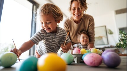 Obraz premium Heartwarming family time painting easter eggs with love. Real feeling. Children enjoying a fun easter egg painting session with mom. Genuine view. Real life.