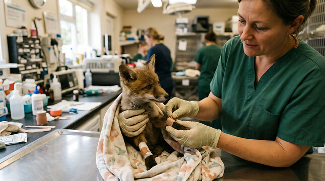 Veterinarian examines injured kitten in clinic with medical tools nearby