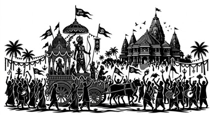 Fototapeta premium Silhouetted procession with a chariot carrying a warrior and a temple in the background, celebrating a cultural event with festive decorations and crowds against a white backdrop