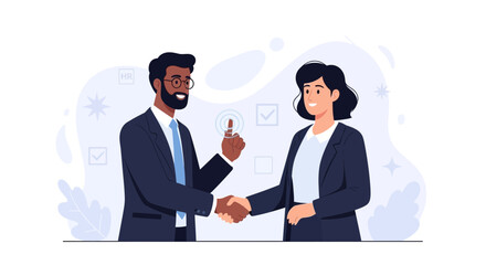 Fototapeta premium Diverse business professionals shaking hands, symbolizing partnership, agreement, and HR recruitment with abstract background elements.