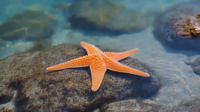 Orange Starfish Resting on a Rock Underwater in Clear Shallow Ocean Water