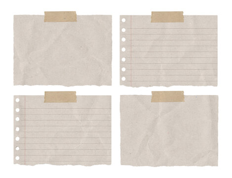 set aus leeren vintage notizzetteln mit klebeband, zerrissenen papierbl&auml;ttern und linierten notizseiten isoliert auf transparentem hintergrund 