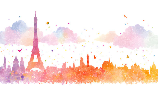Colorful Paris cityscape silhouette with watercolor clouds and stars isolated on transparent background
