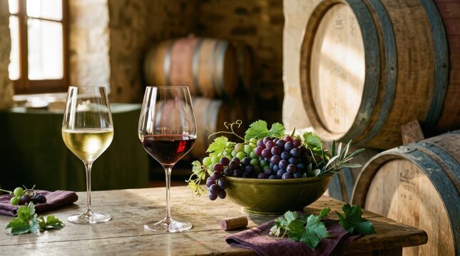Two glasses of wine and grapes in a rustic winery cellar with oak barrels