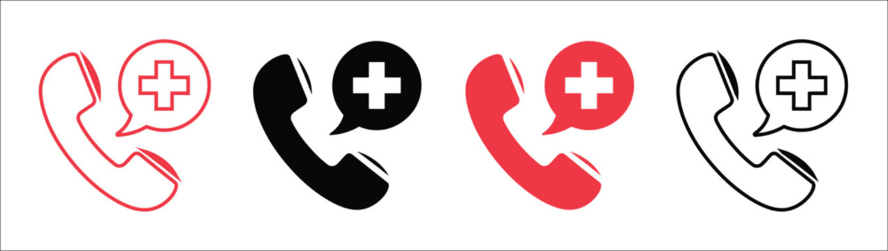 Emergency medical phone icons with ambulance call buttons, healthcare contact symbols, telehealth communication, emergency hotline, and first aid interface elements, vector, designs