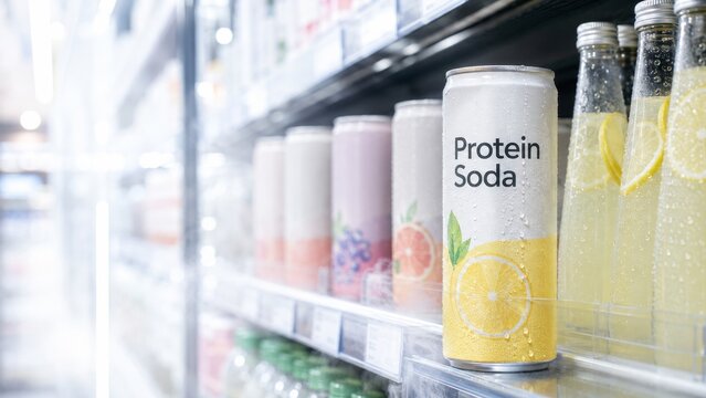 Protein soda cans on a store shelf with other beverage options