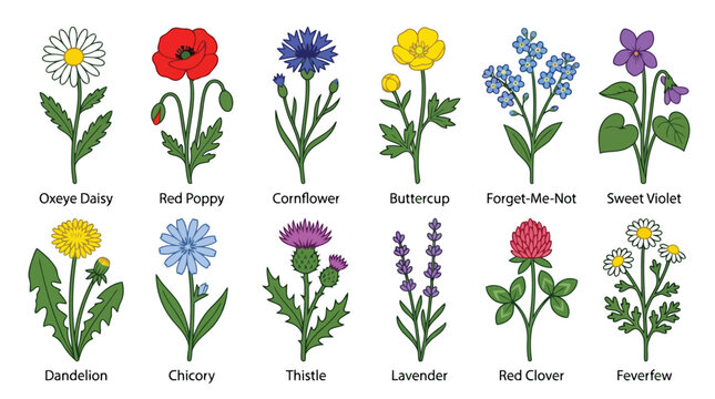 Collection of various colorful flowers on white background