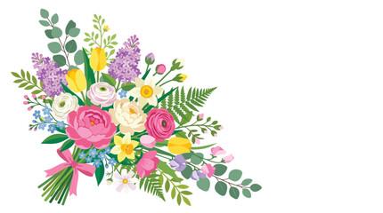 Fototapeta premium Colorful bouquet flowers with pink ribbon