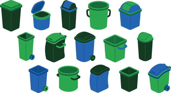 Isometric set of recycle bins in various colors and shapes vector illustration.