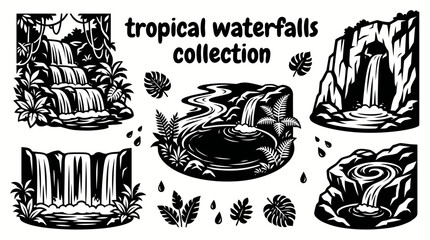 tropical waterfalls featuring lush rainforest cascades jungle rivers emerald pools towering cliffs and world famous tropical waterfall destinations arranged as a premium collection vector illustration © Ethan