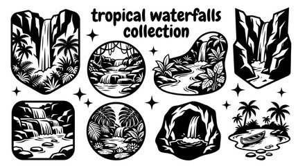 tropical waterfalls featuring lush rainforest cascades jungle rivers emerald pools towering cliffs and world famous tropical waterfall destinations arranged as a premium collection vector illustration © Ethan