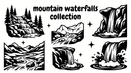 magnificent mountain waterfalls featuring alpine cascades glacier streams rocky cliffs snow fed rivers and dramatic highland waterfalls arranged as a commercial vector illustration set © Ethan