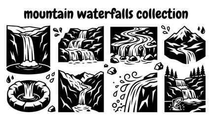 magnificent mountain waterfalls featuring alpine cascades glacier streams rocky cliffs snow fed rivers and dramatic highland waterfalls arranged as a commercial vector illustration set © Ethan