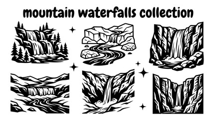 magnificent mountain waterfalls featuring alpine cascades glacier streams rocky cliffs snow fed rivers and dramatic highland waterfalls arranged as a commercial vector illustration set © Ethan
